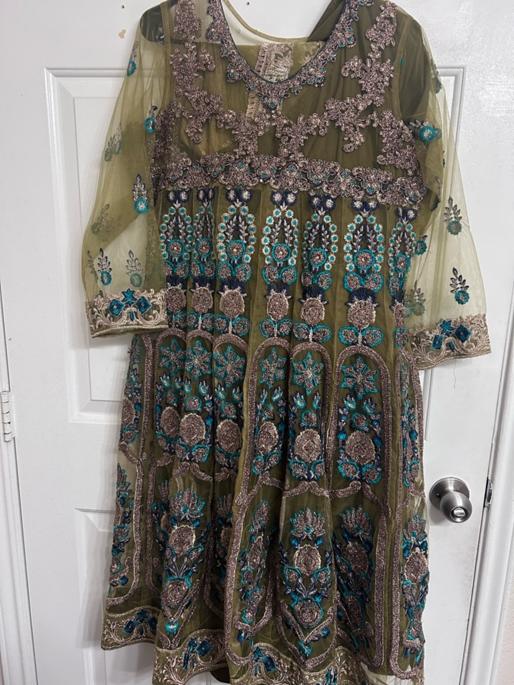 4 Piece Olive Green Embroidered Long-Sleeve Dress with Teal Accents
